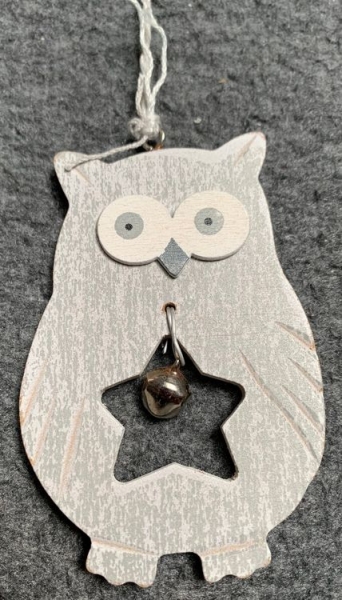 Eulen-Girlande Holz mit Sternen,  hellgrau/weiss